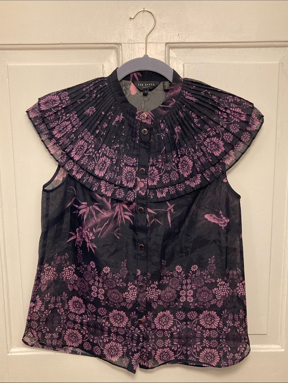 Ted Baker Black with Purple Floral Pleated Collar Sleeveless Blouse, Size 1